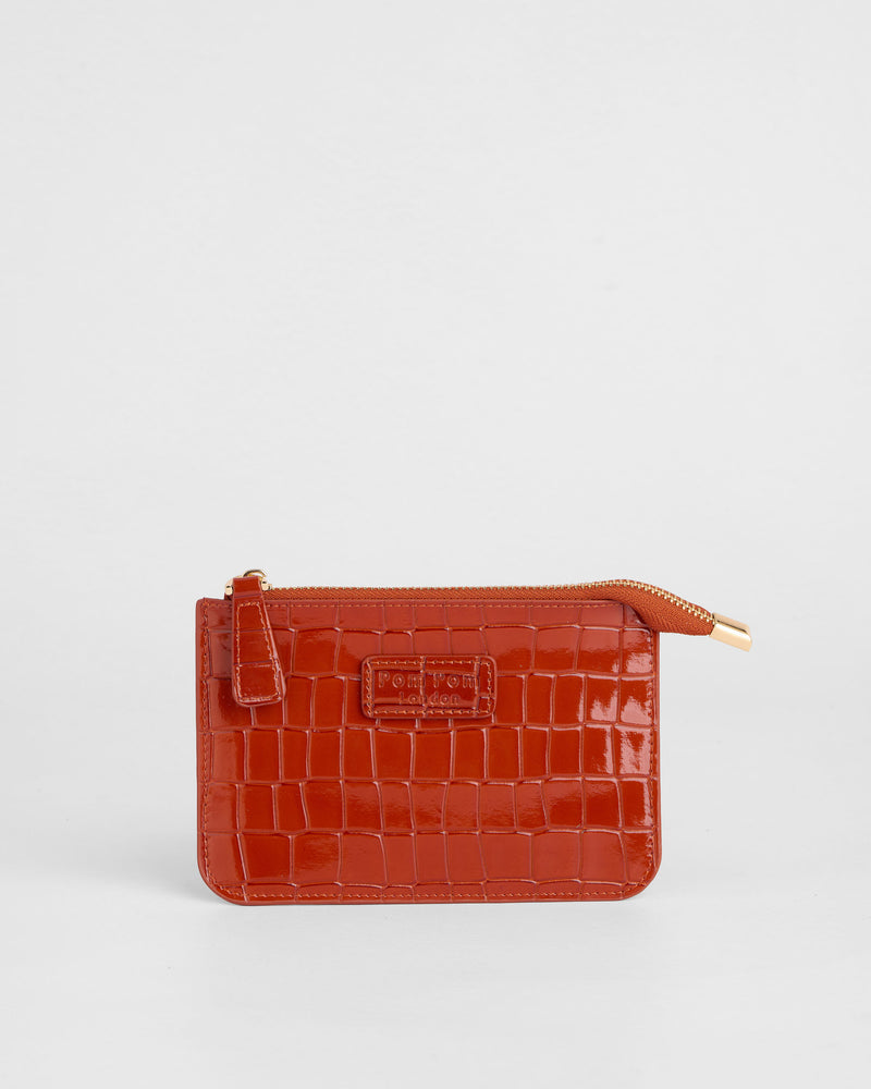 Chelsea Leather Coin Purse in Patent Croc Chestnut by Pom Pom London