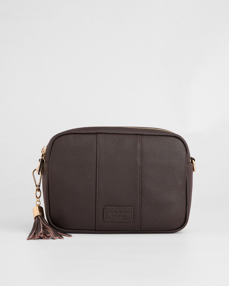 City Duo Leather Crossbody Bag in Chocolate Plum by Pom Pom London