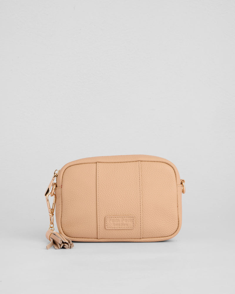 City Mini Leather Crossbody Bag in Almond Beige by Pom Pom London