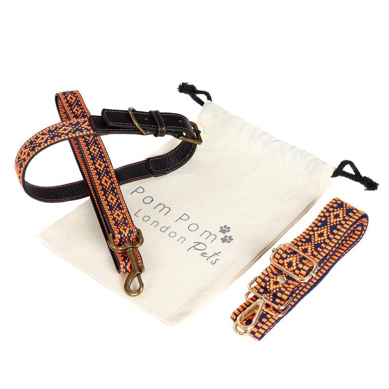 Collar and Lead Set - Orange & Navy-Pom Pom London