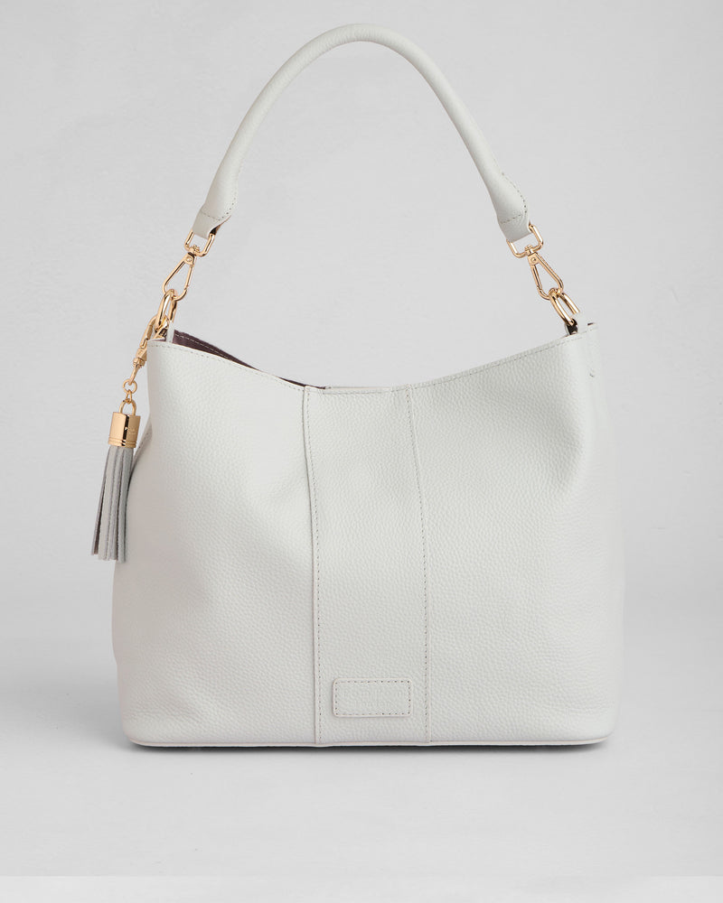 Salt Grey Lambeth Plus Bag - full-grain leather bag | Pom Pom London