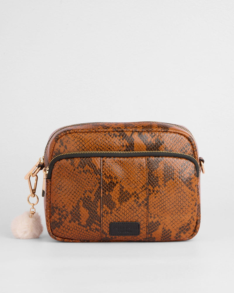 Original Plus Leather Crossbody Bag in Snake Effect Brown by Pom Pom London