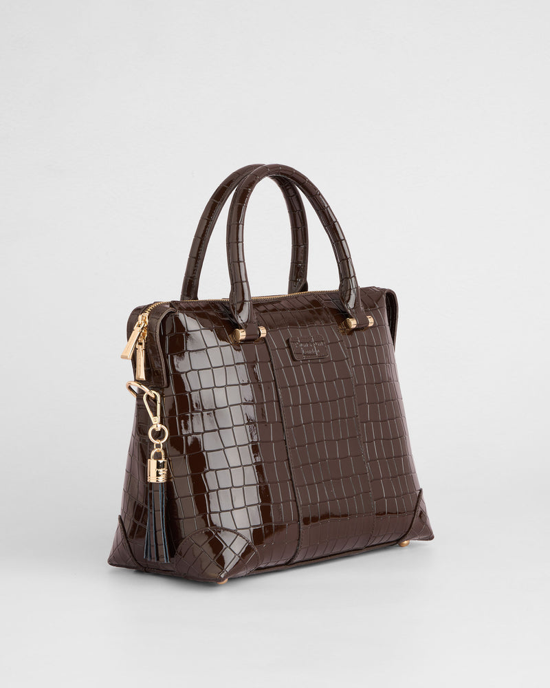 Pom Pom London Greenwich Bag Croc Patent Chocolate-Pom Pom London