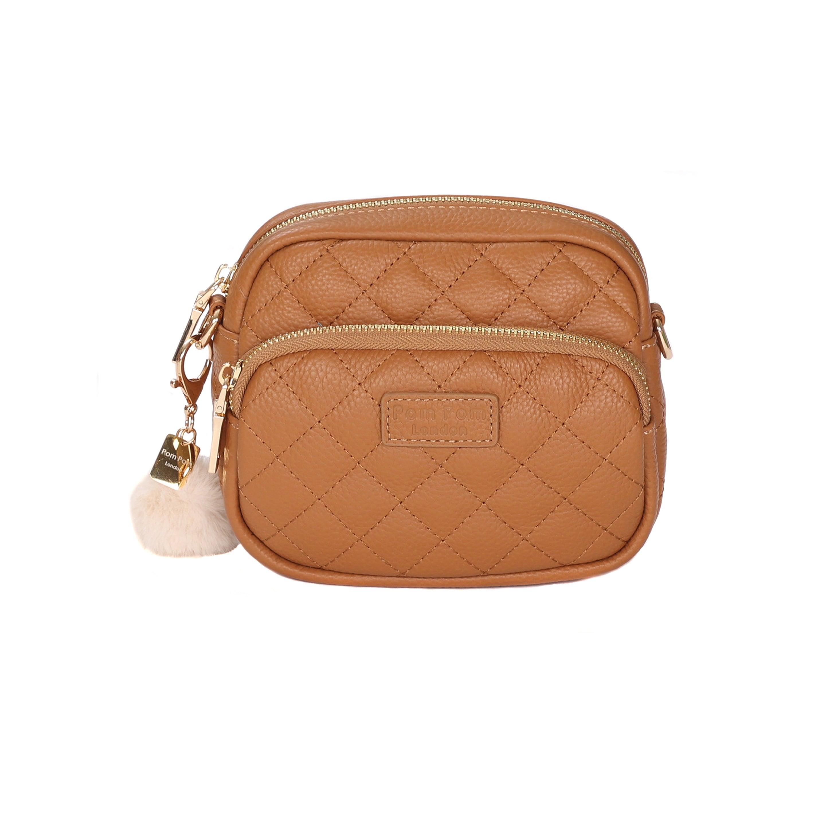 Mayfair Mini Quilted Leather Crossbody Bag In Maple Pom Pom London