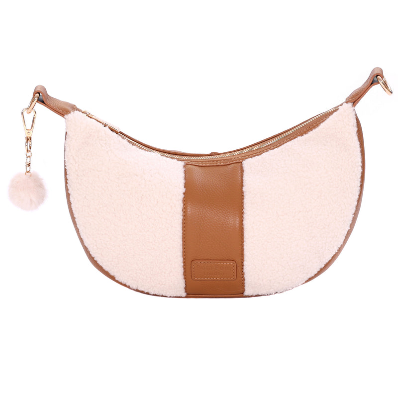 Sutton Sling Faux Fleece & Leather Bag Maple-Pom Pom London