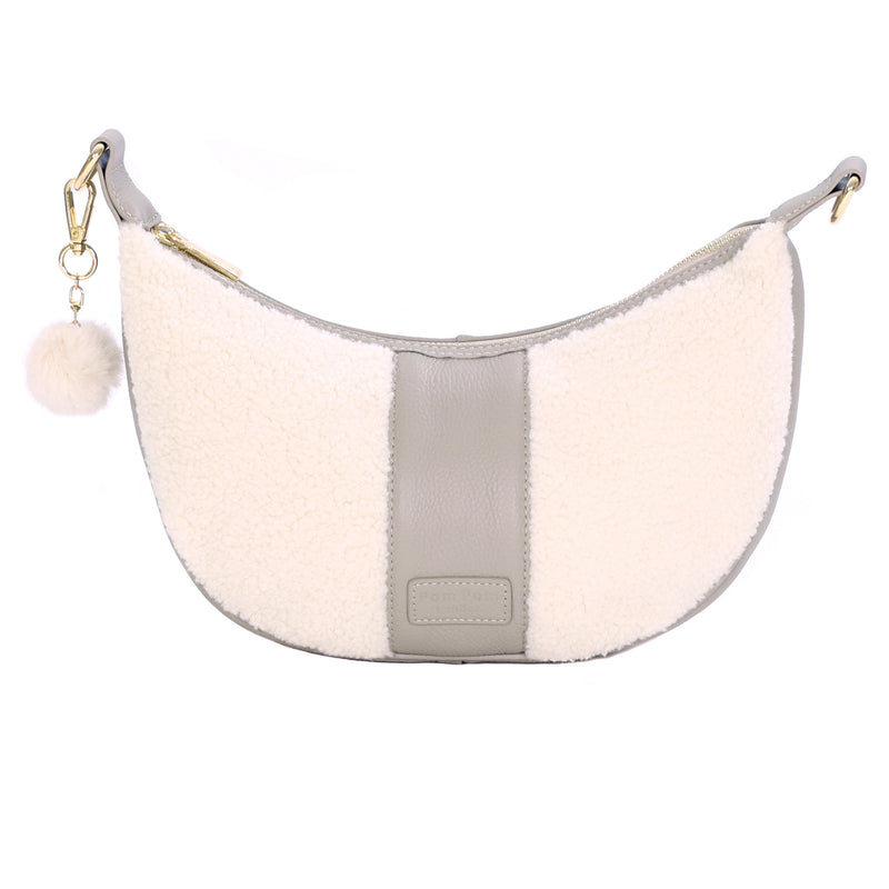 Sutton Sling Faux Fleece & Leather Bag Stone-Pom Pom London
