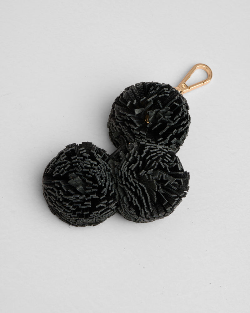 Triple Leather Pom Pom Keyring in Black by Pom Pom London