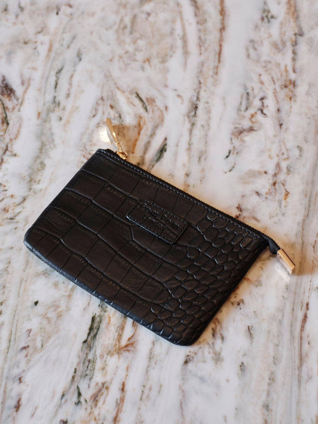 Chelsea Leather Coin Purse in Croc Black | Pom Pom London