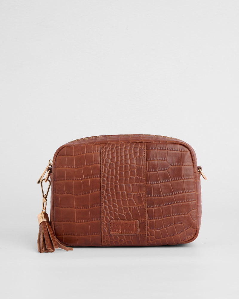 City Crossbody Bag Croc Chestnut-Pom Pom London