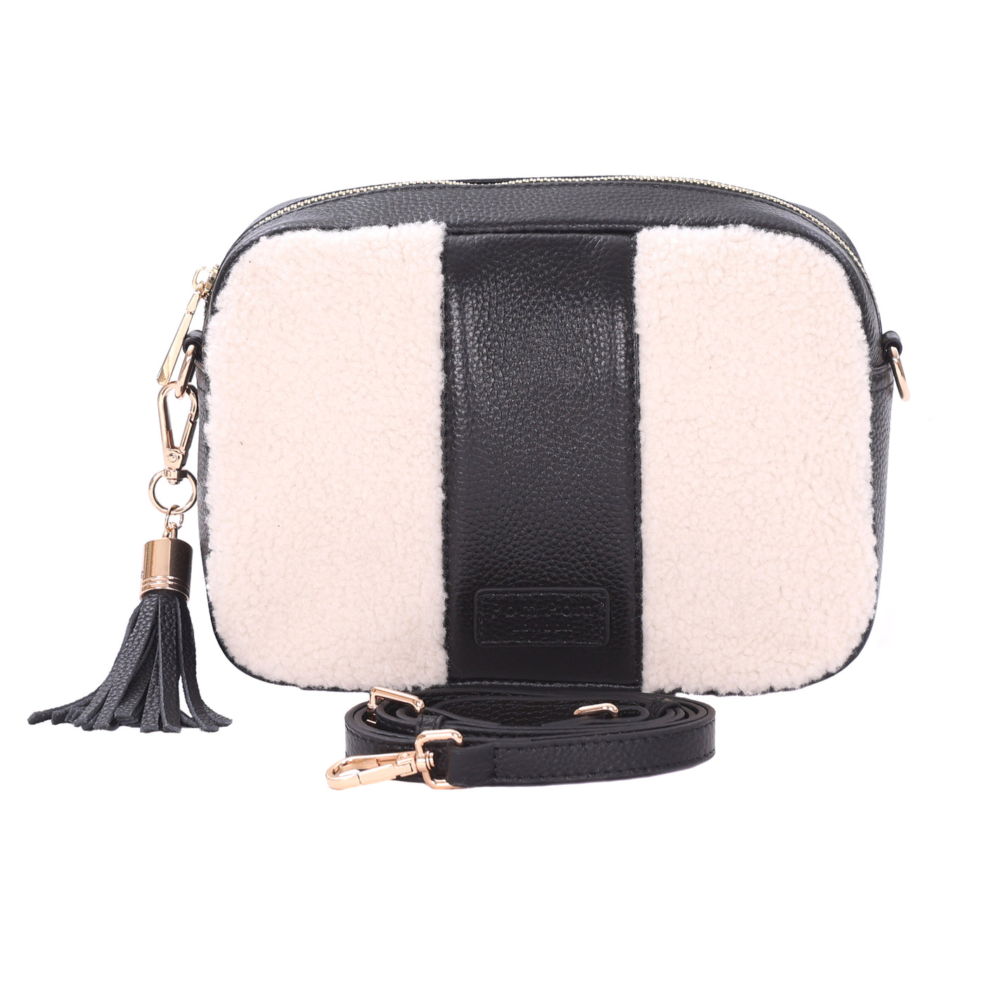 City Faux Fleece & Leather Bag Black-Pom Pom London