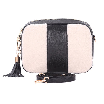 City Faux Fleece & Leather Bag Black-Pom Pom London
