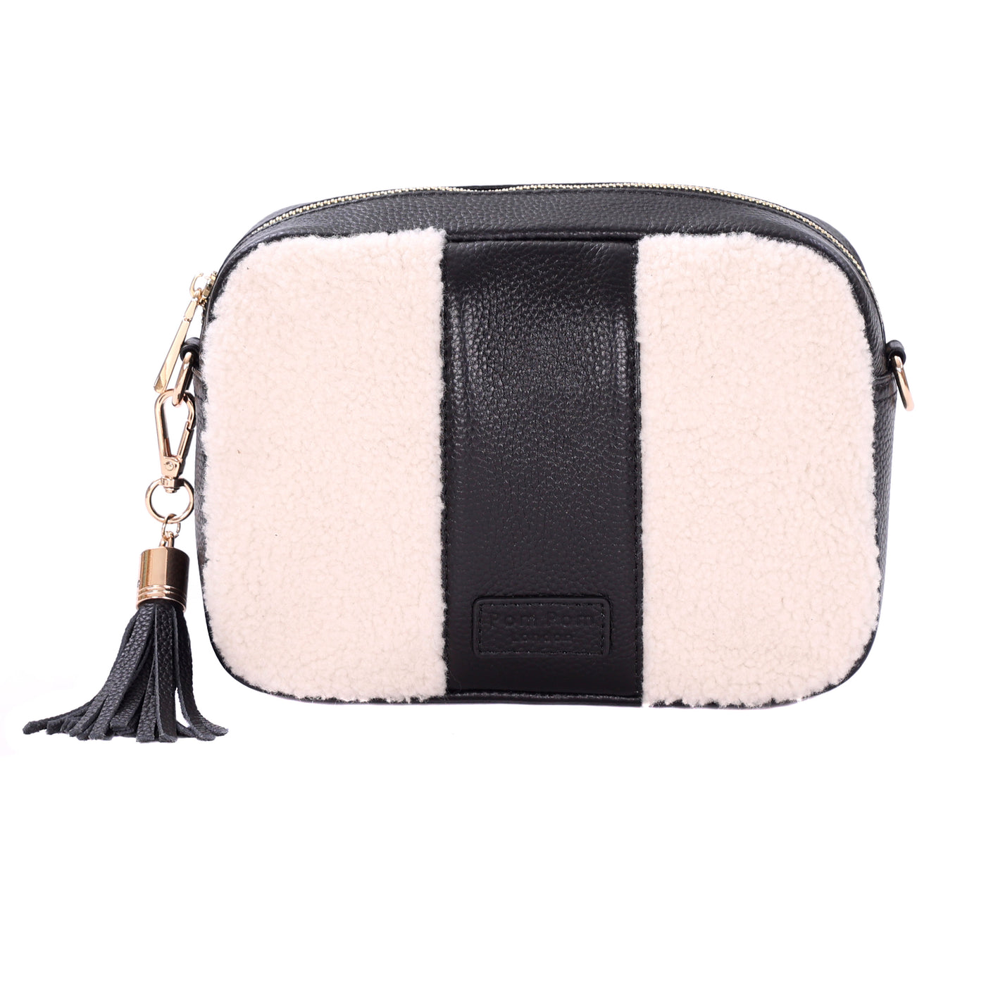 City Faux Fleece & Leather Bag Black-Pom Pom London