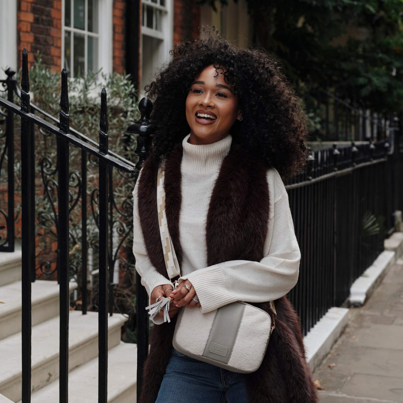 City Faux Fleece & Leather Bag Stone-Pom Pom London