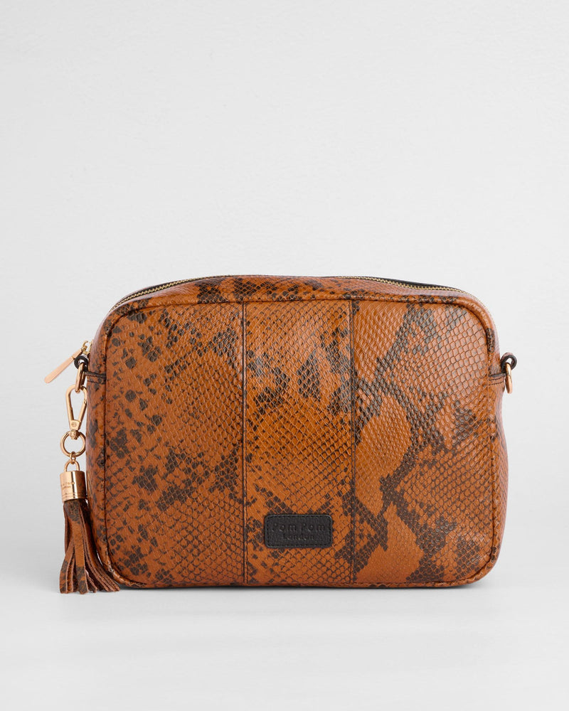 City Plus Leather Crossbody Bag in Snake Effect Brown by Pom Pom London