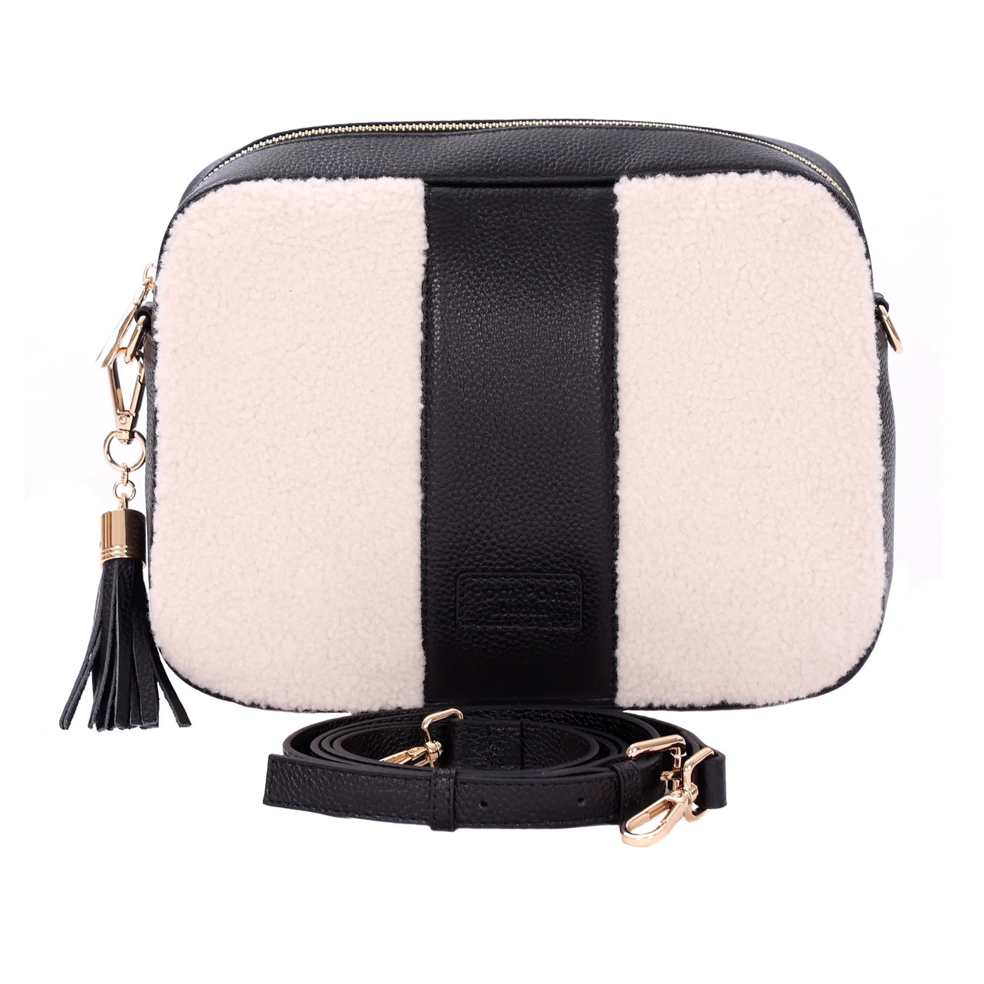 City Plus Faux Fleece & Leather Crossbody Bag in Black | Pom Pom