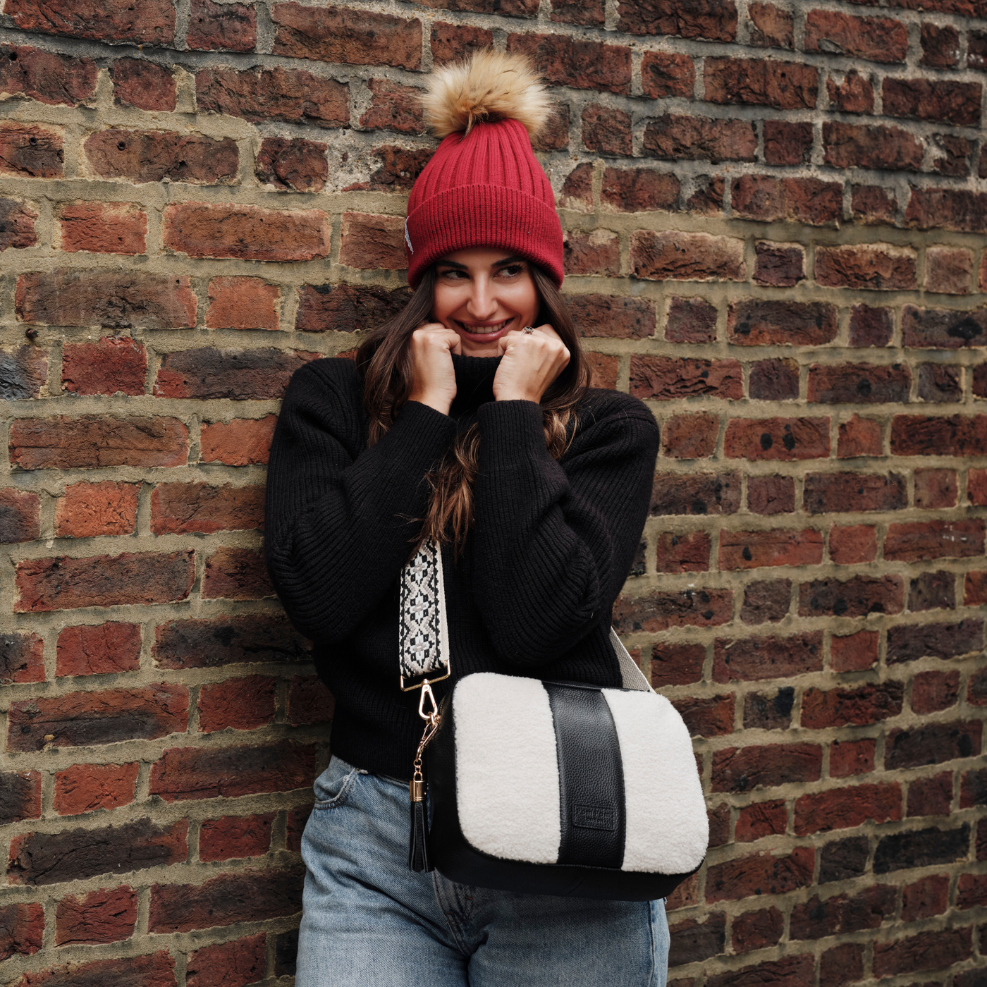 City Plus Faux Fleece & Leather Bag Black-Pom Pom London