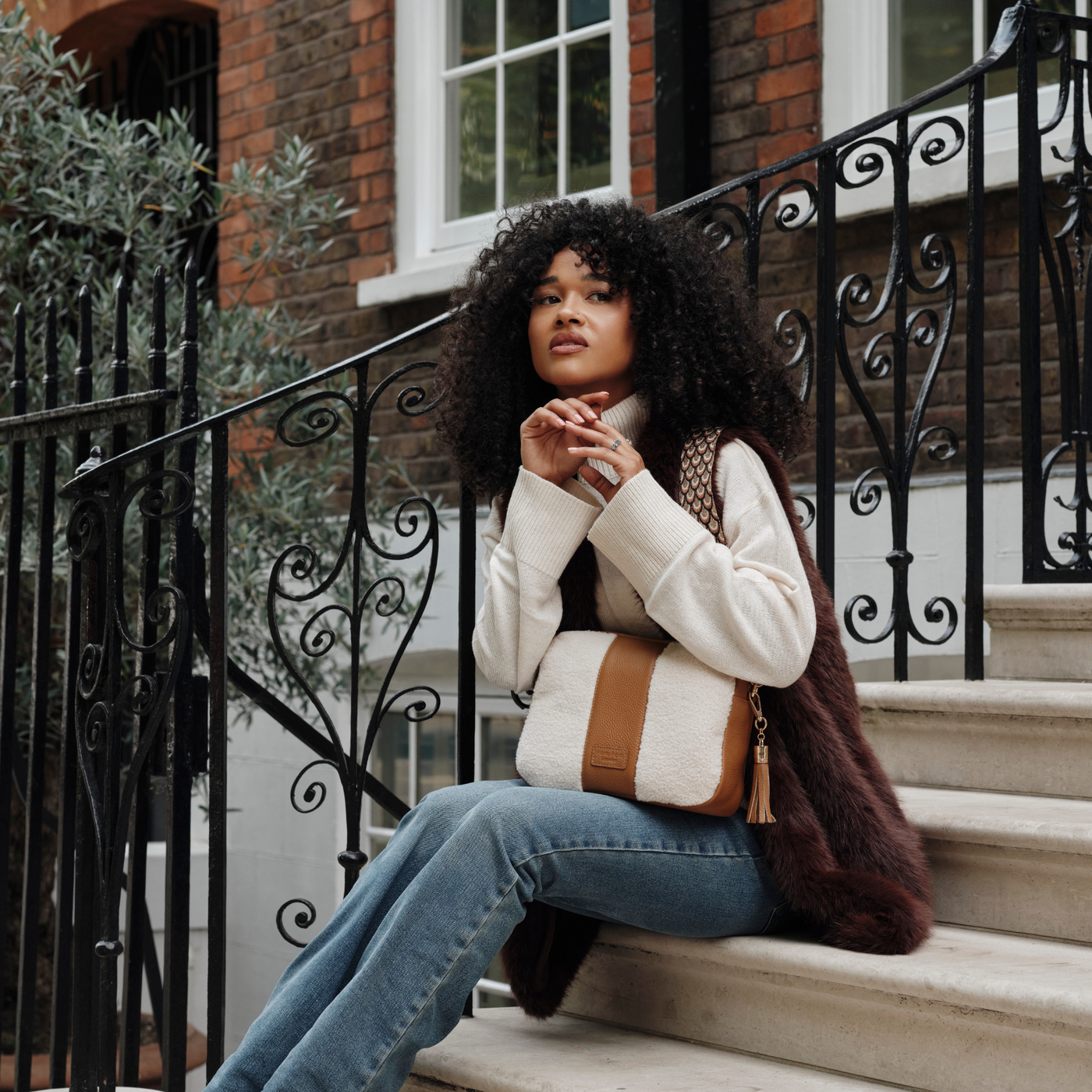 City Plus Faux Fleece & Leather Bag Maple-Pom Pom London