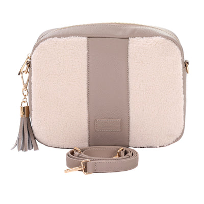 City Plus Faux Fleece & Leather Bag Stone-Pom Pom London