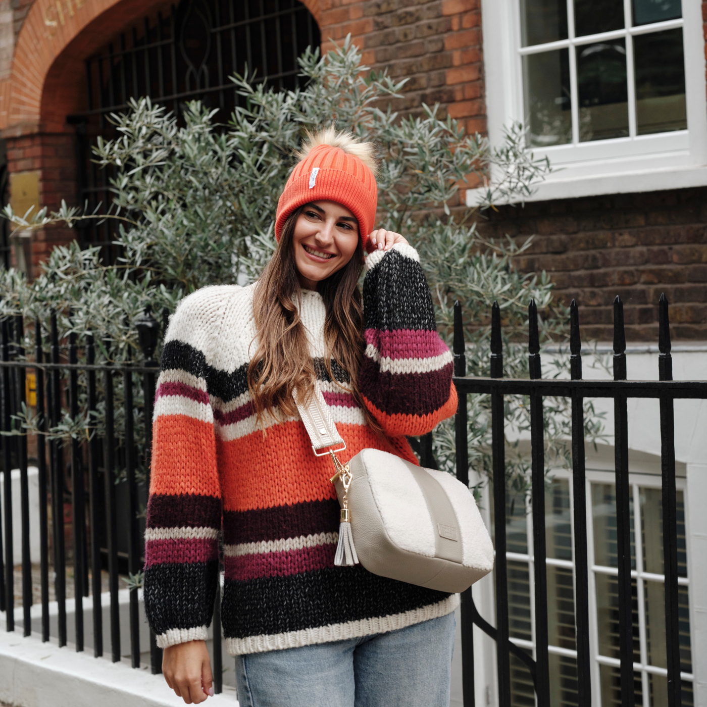 City Plus Faux Fleece & Leather Bag Stone-Pom Pom London