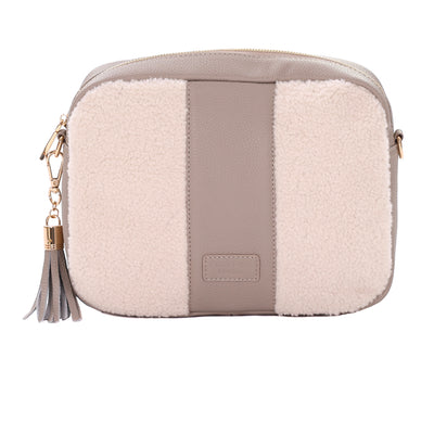 City Plus Faux Fleece & Leather Bag Stone-Pom Pom London