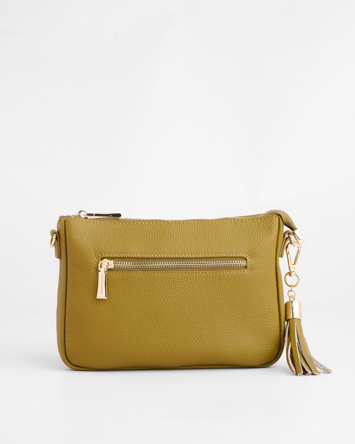 ポムオ City Slim Leather Crossbody Bag in Olive Green | Pom Pom London