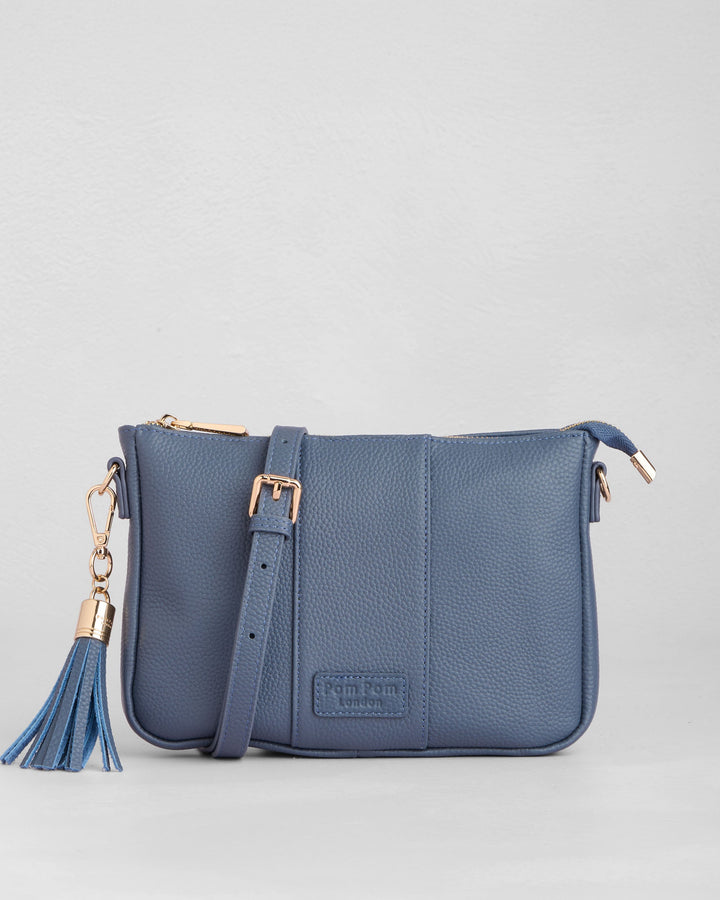 Pom Pom London City Slim Bag - Leather Crossbody bag in Slate Blue