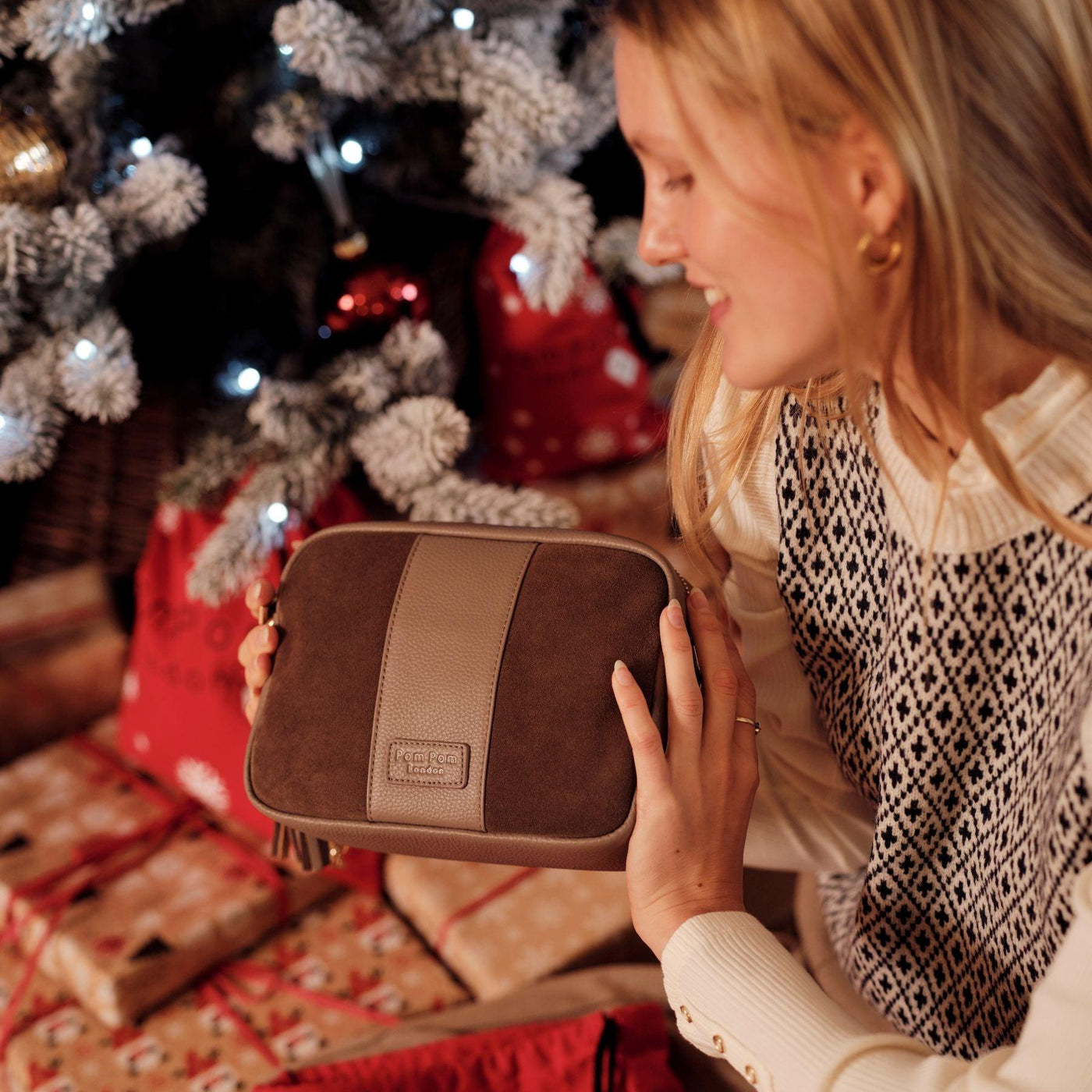 City Suede & Leather Bag Mocha-Pom Pom London