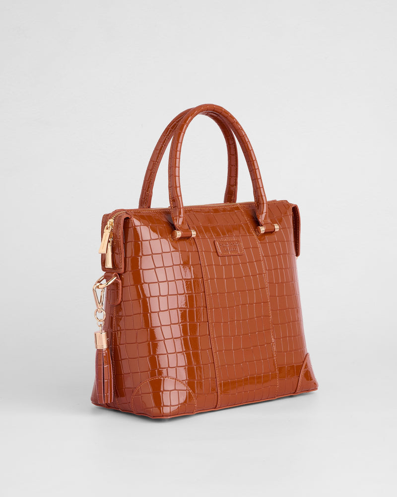 Pom Pom London Greenwich Bag Croc Patent Chestnut-Pom Pom London