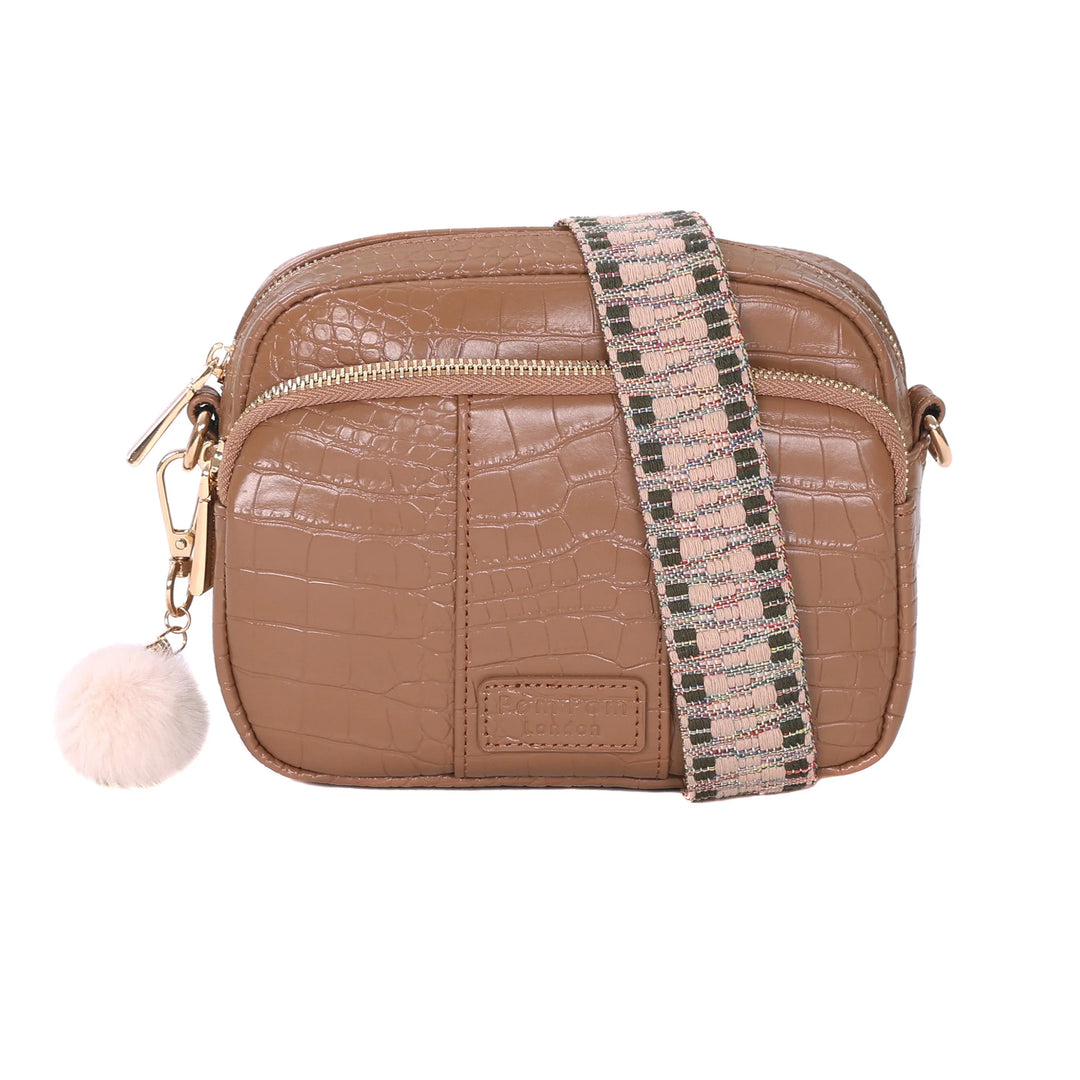 Pom Pom London Original - Leather Crossbody Bag In Croc Caramel