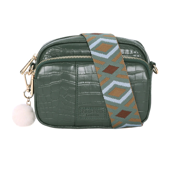 Pom Pom London City - Leather Crossbody Bag In Croc Pine Green