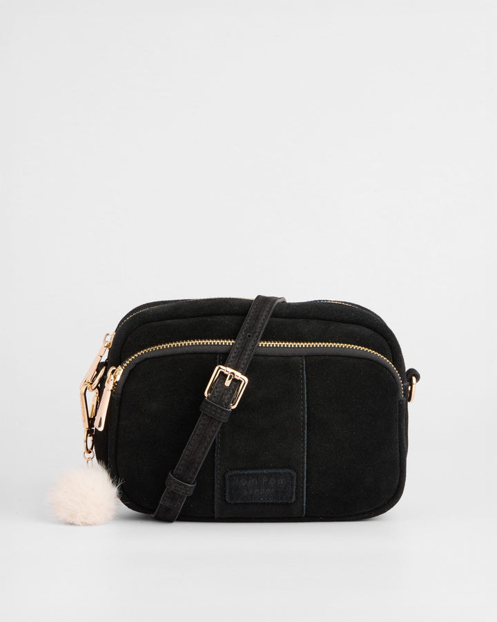 お*ル様 diemm handmade wool bag / black Original Leather Crossbody Bag in Suede Black | Pom Pom London
