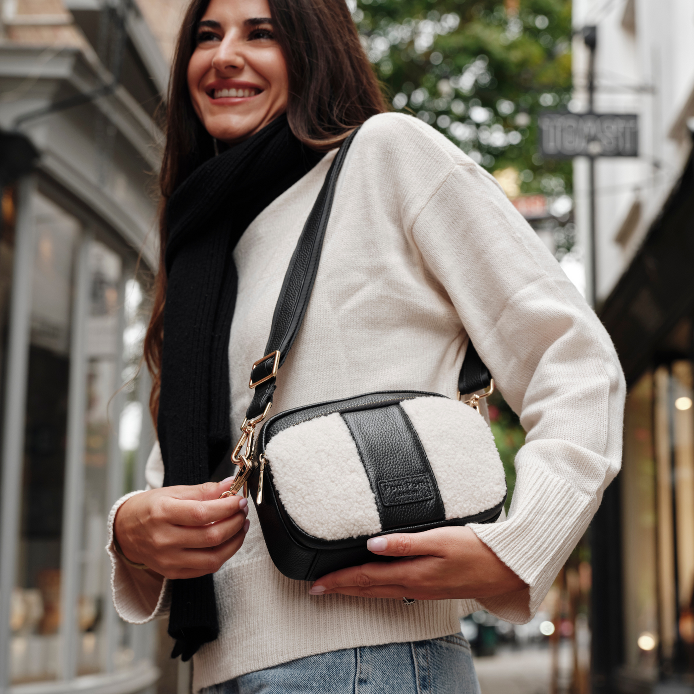 Original Faux Fleece & Leather Bag Black-Pom Pom London