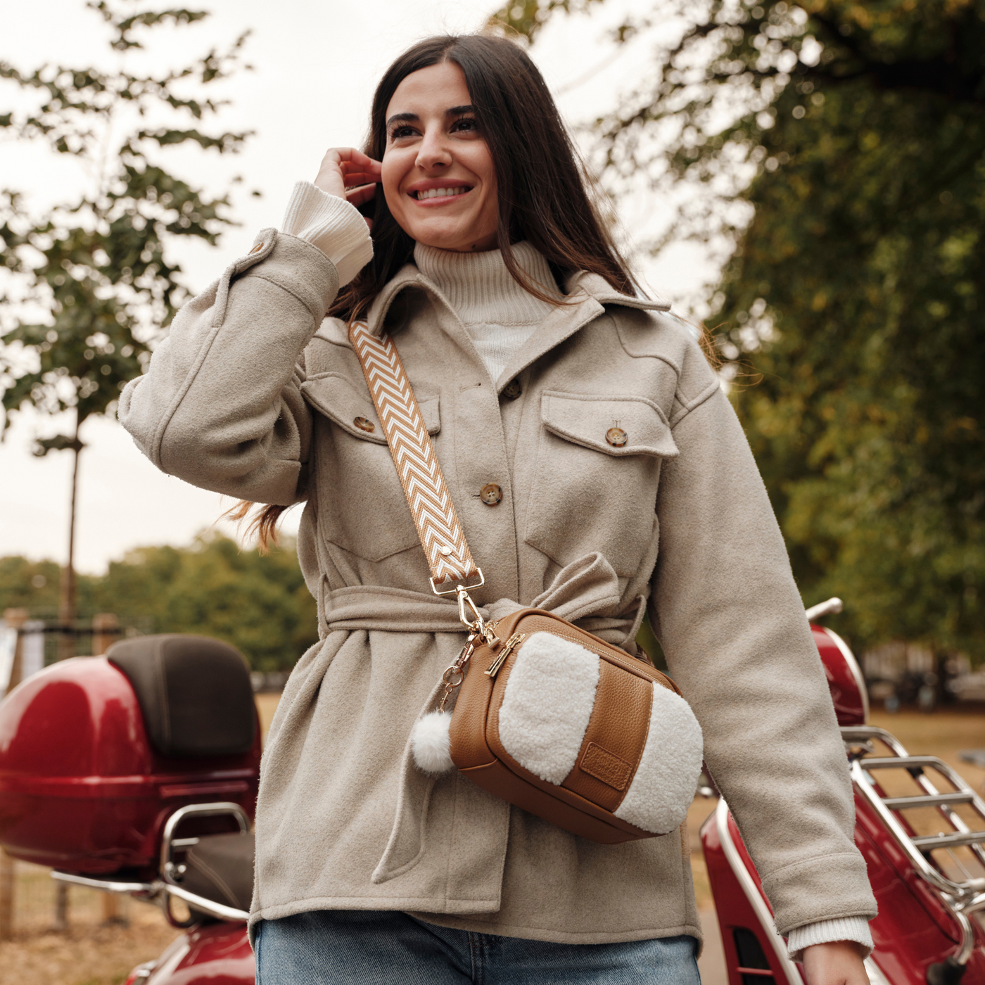 Original Faux Fleece & Leather Bag Maple-Pom Pom London