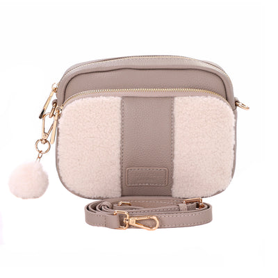 Original Faux Fleece & Leather Bag Stone-Pom Pom London