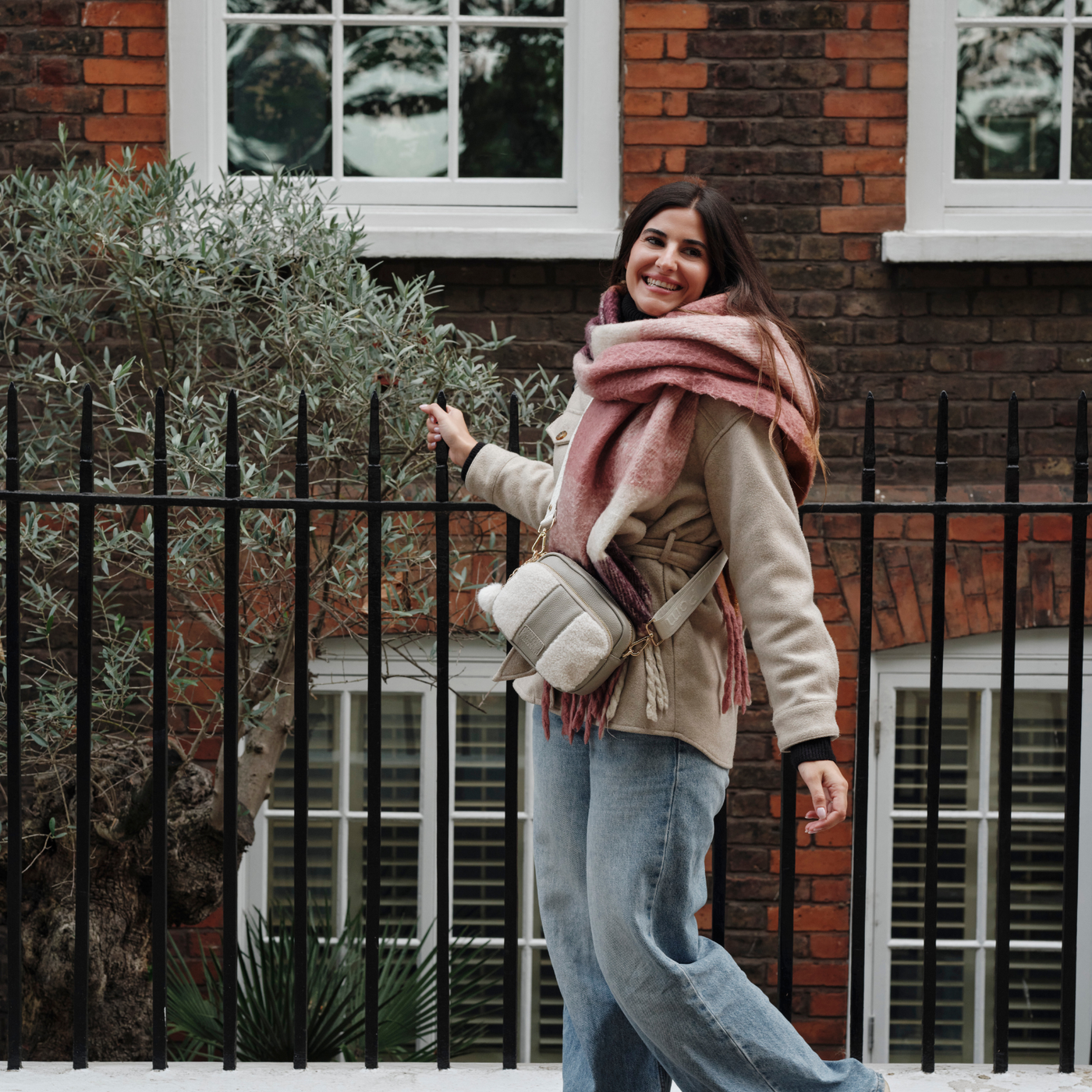 Original Faux Fleece & Leather Bag Stone-Pom Pom London