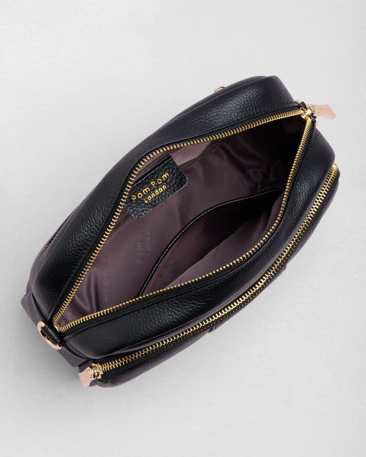 Pom Pom London Original Plus – Umhängetasche aus Leder in Schwarz