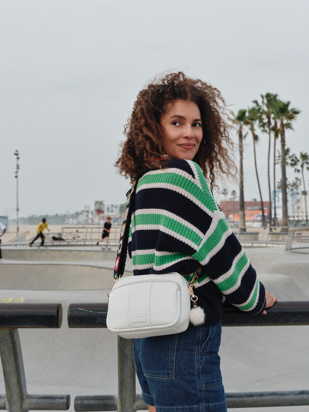 Bright White Large Leather Crossbody Bag | Pom Pom London
