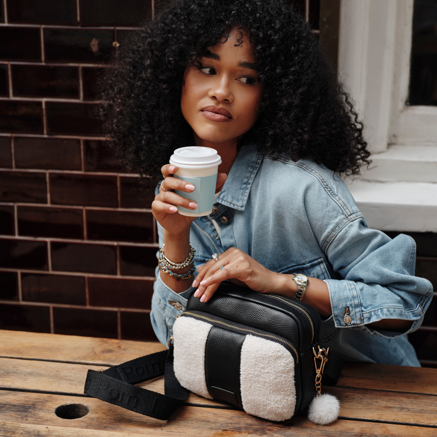 Original Plus Faux Fleece & Leather Bag Black-Pom Pom London