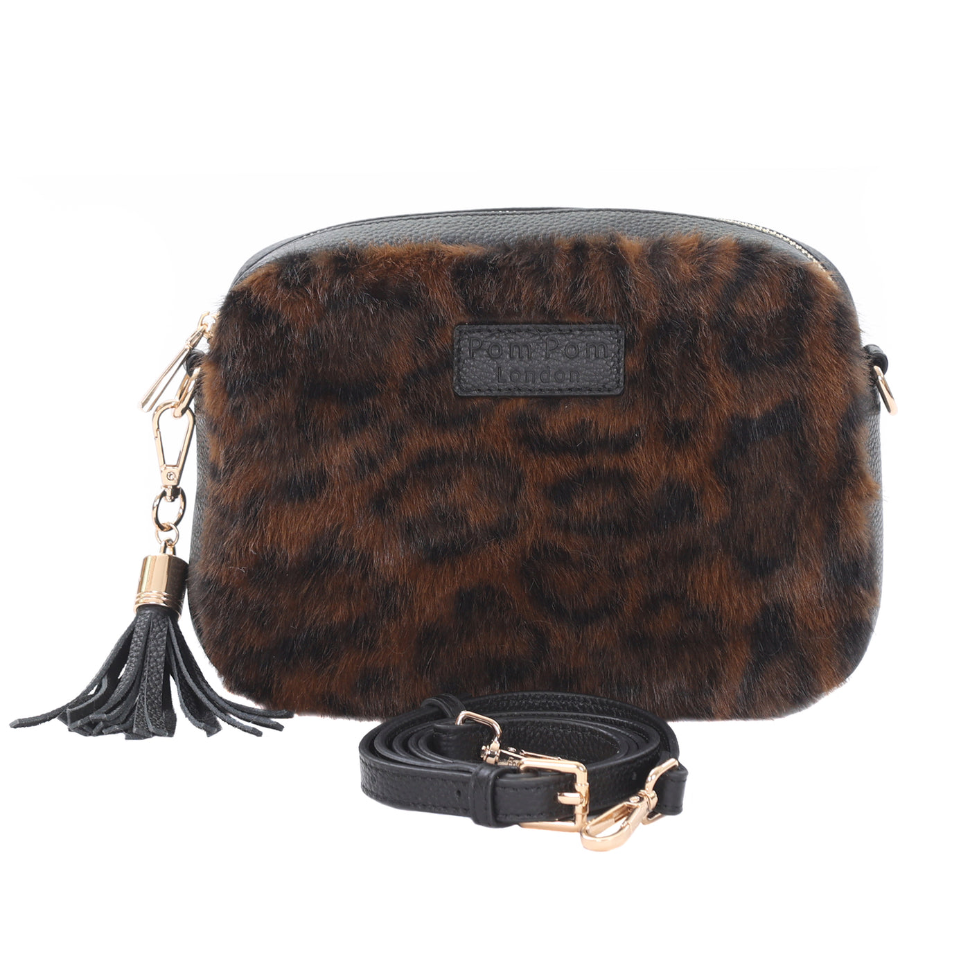 Pom Pom London City Bag Leopard Print Faux Fur Black Bundle-Pom Pom London