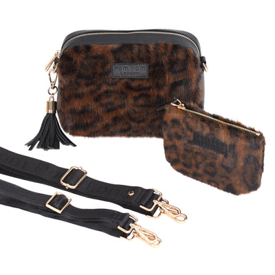 Pom Pom London City Bag Leopard Print Faux Fur Black Bundle-Pom Pom London
