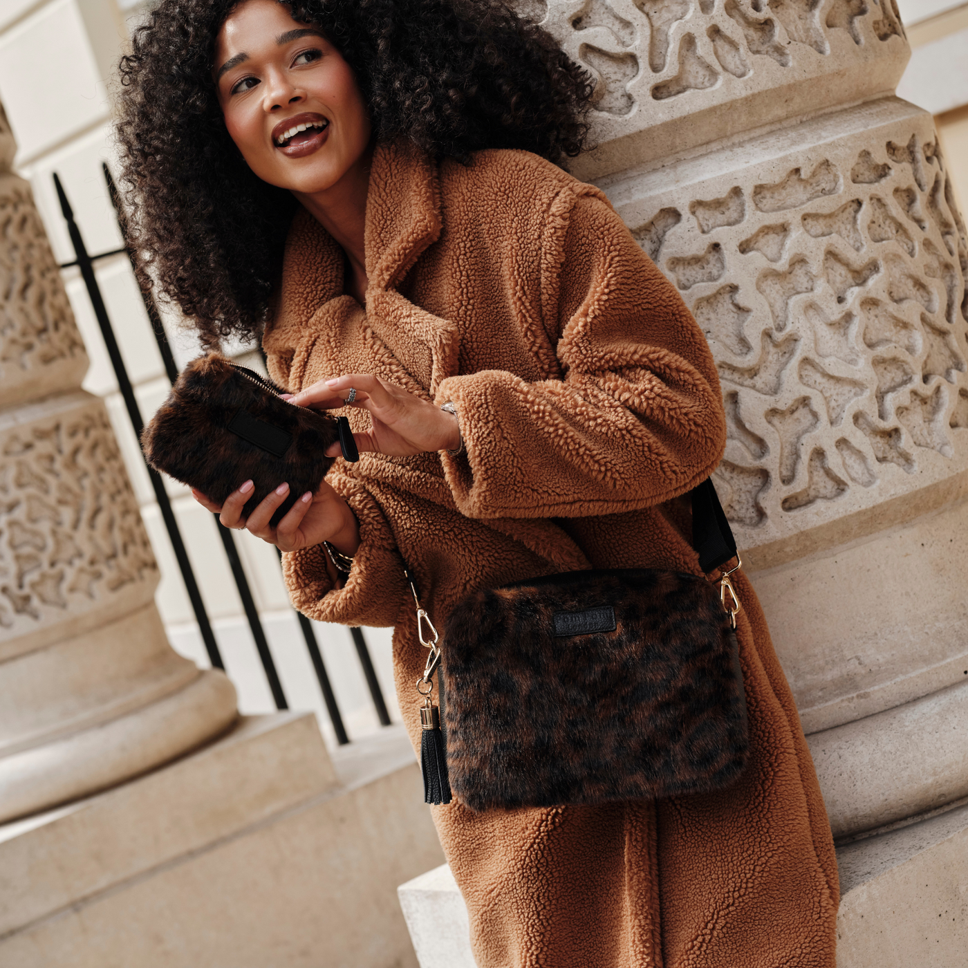 Pom Pom London City Plus Bag Leopard Print Faux Fur Black Bundle-Pom Pom London