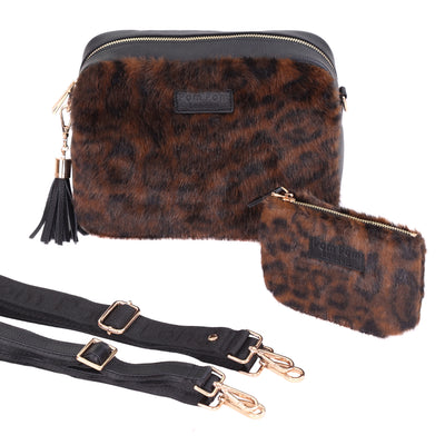 Pom Pom London City Plus Bag Leopard Print Faux Fur Black Bundle-Pom Pom London