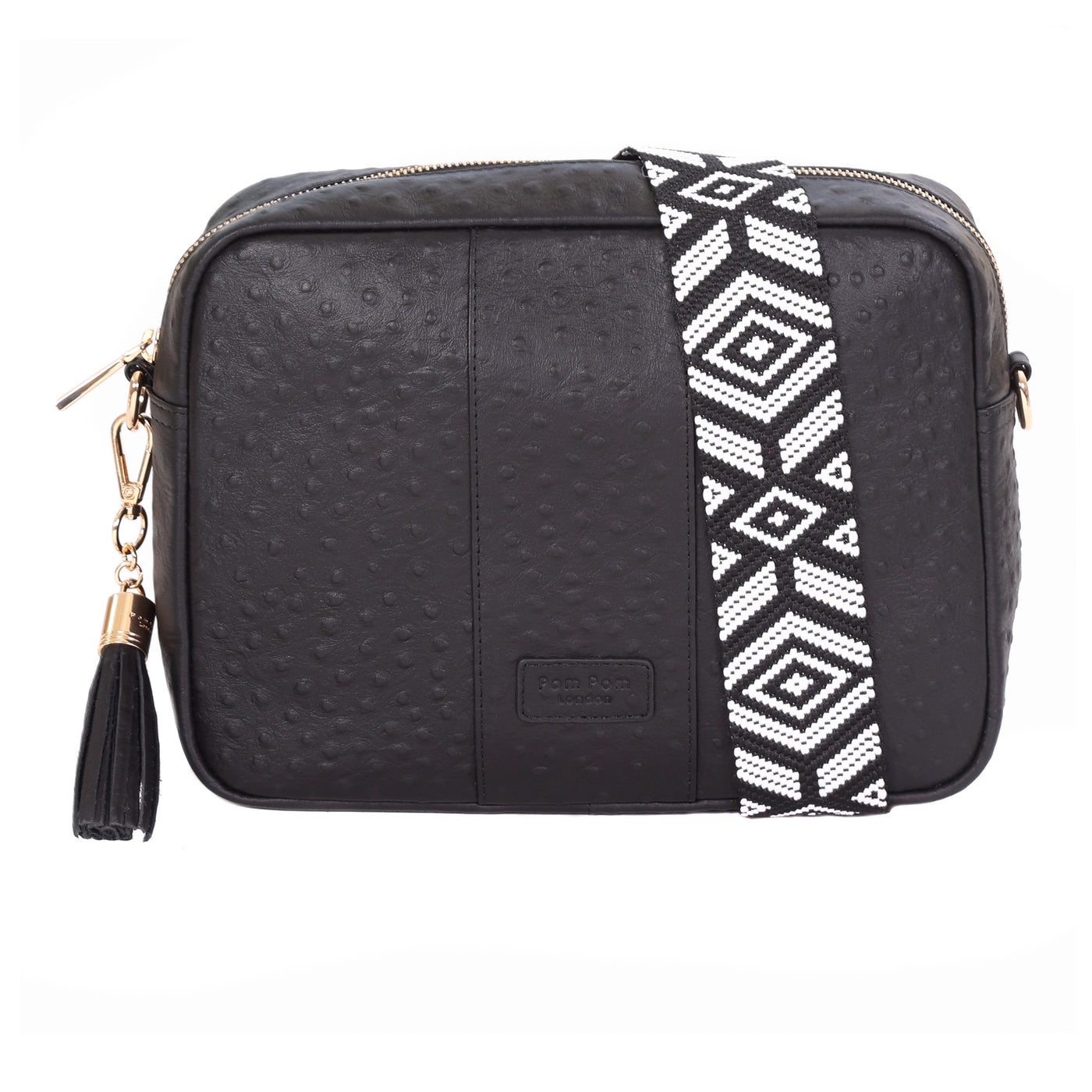 Pom Pom London City Plus Bag Black Ostrich Effect-Pom Pom London
