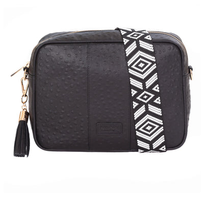 Pom Pom London City Plus Bag Black Ostrich Effect-Pom Pom London