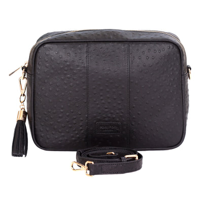 Pom Pom London City Plus Bag Black Ostrich Effect-Pom Pom London