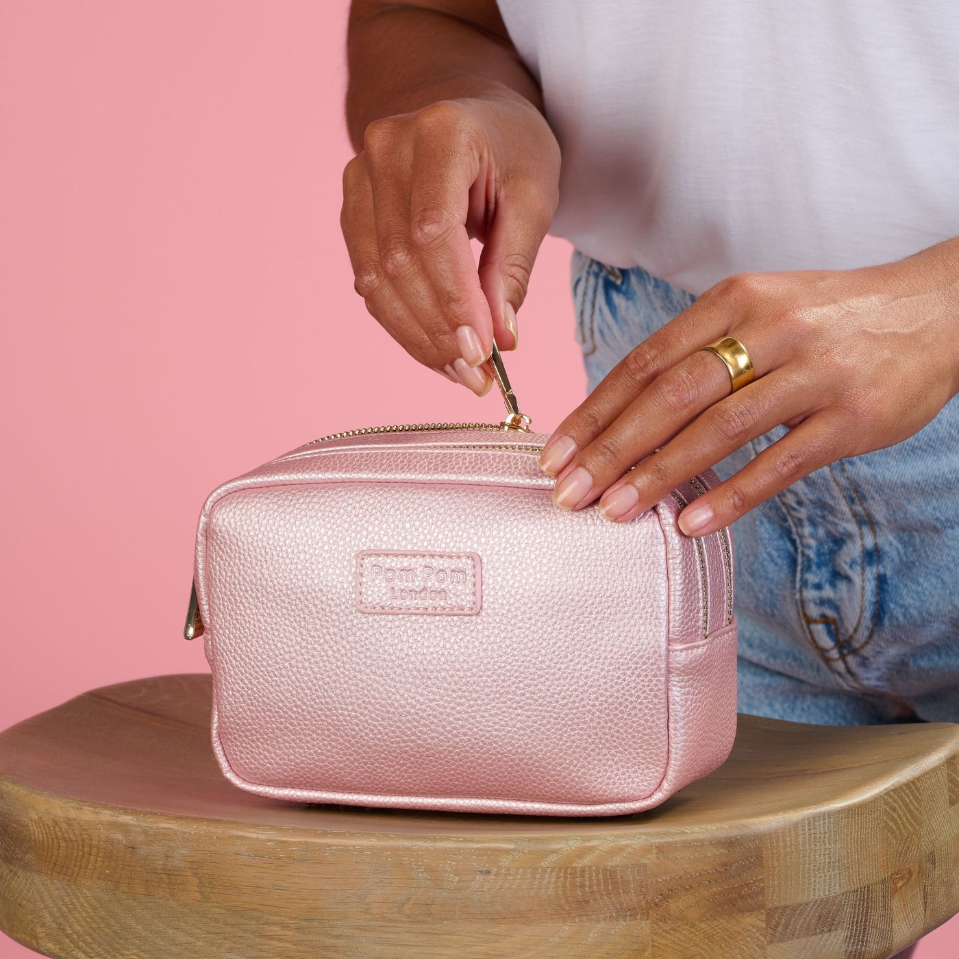 Pom Pom London Small Wash Bag Metallic Pale Pink-Pom Pom London