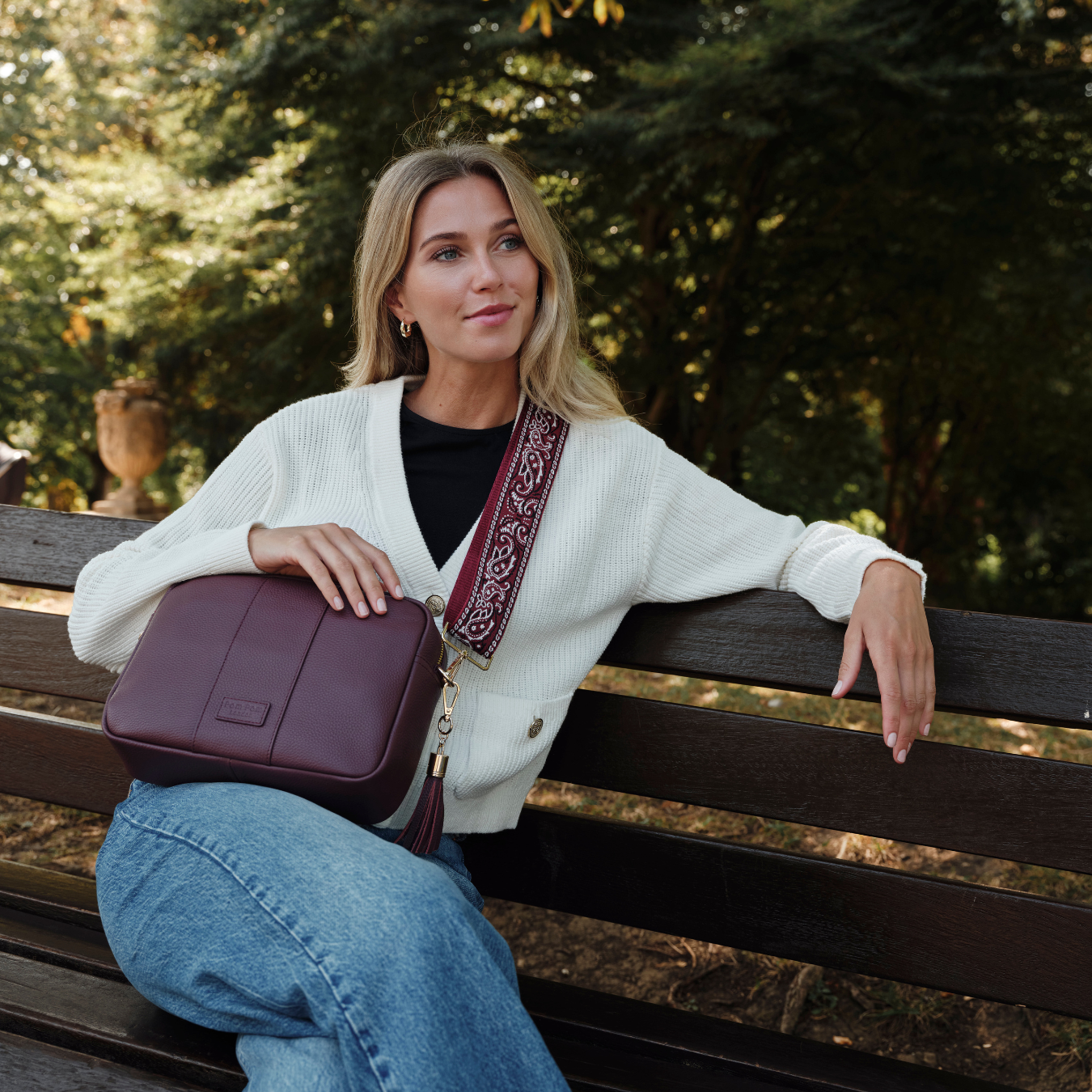 Crossbody Bag Strap in Burgundy Paisley - Pom Pom London