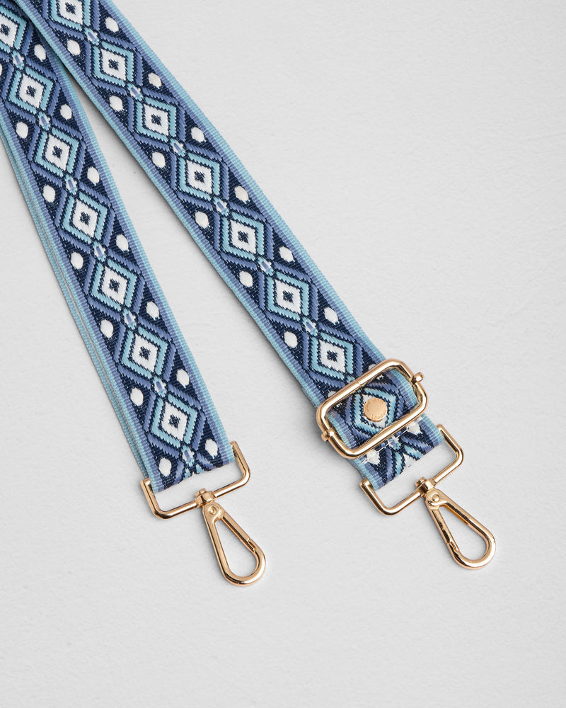 Lupin Blue Tribal Motif bag strap | Pom Pom London