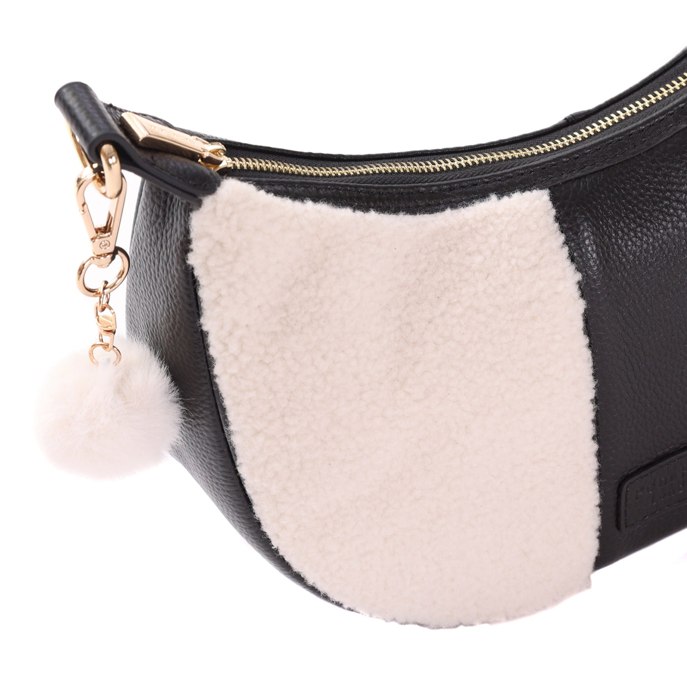 Sutton Sling Bag Faux Fleece & Black Leather-Pom Pom London