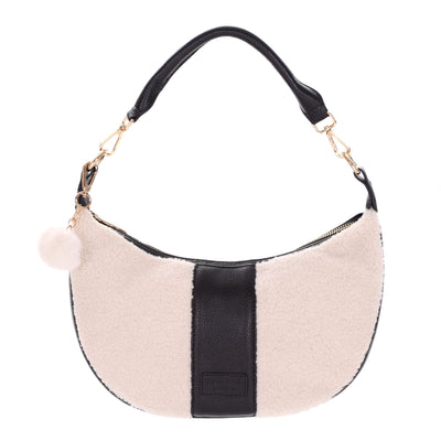 Sutton Sling Bag Faux Fleece & Black Leather-Pom Pom London